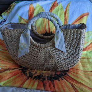 LC Lauren Conrad Half Moon Wicker Polka Dot Ribbon Tote